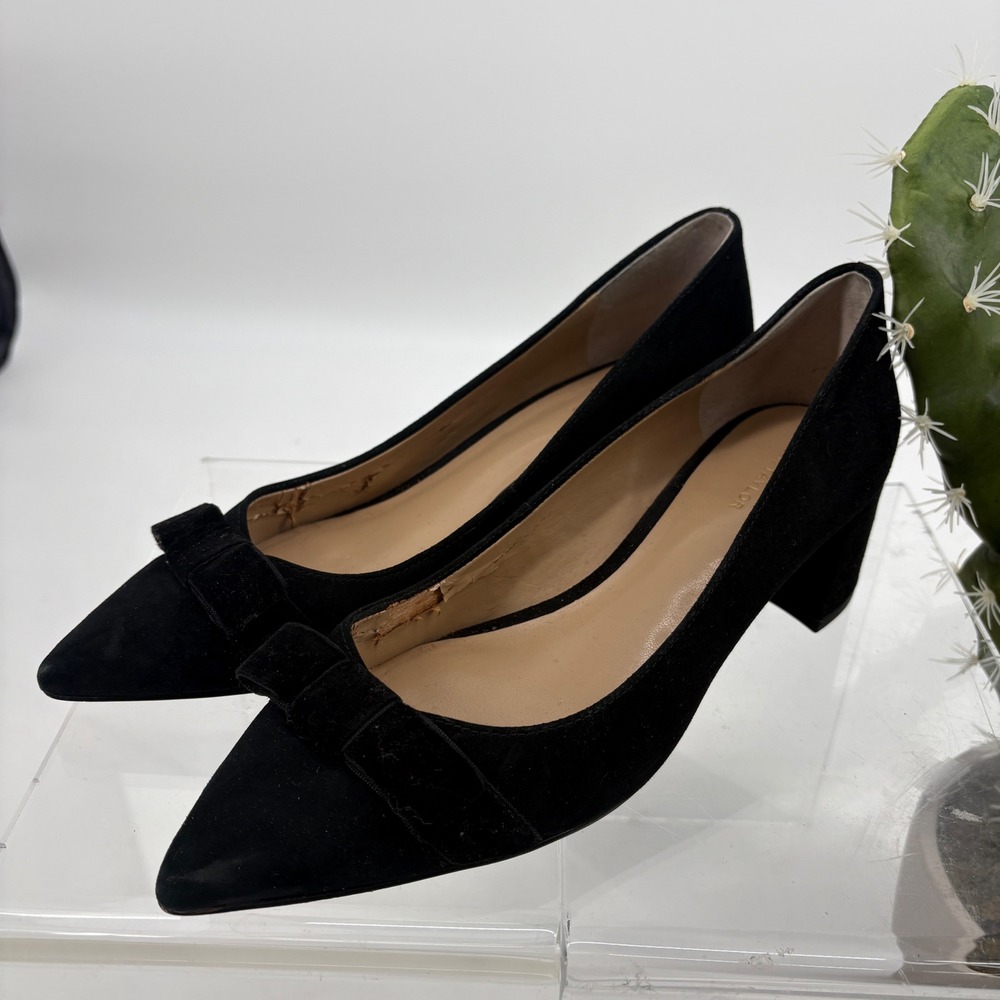 Ann Taylor Black Suede 2" Heels Velvet Bow Pointed Toe Size 7.5M Dressy Occasion